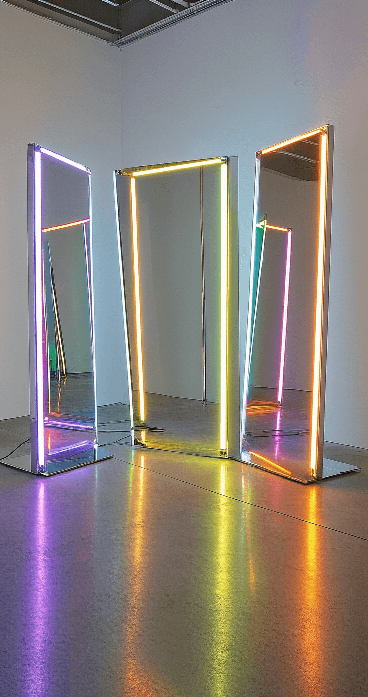 Transform Your Fandom Space: A Lighting and Decor Guide for Ultimate Fan Rooms Creative studio corner featuring strategically placed mirrors and LED strips that amplify colorful glows, with layers of dynamic lighting effects, reflective chrome and glass surfaces, minimalist furniture, and a spectrum of rainbow colors against polished concrete floors and white walls.