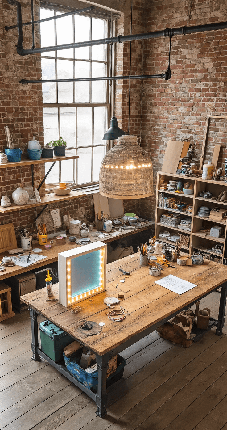 Transform Your Fandom Space: A Lighting and Decor Guide for Ultimate Fan Rooms A vibrant DIY crafting workspace with homemade LED light boxes, custom painted lamp shades, and an organized yet chaotic array of craft materials scattered on a rustic wooden work table, all illuminated by bright daylight and task lighting. The scene features industrial exposed pipe shelving, reclaimed wood surfaces, and colorful painted brick walls, captured from an overhead angle.