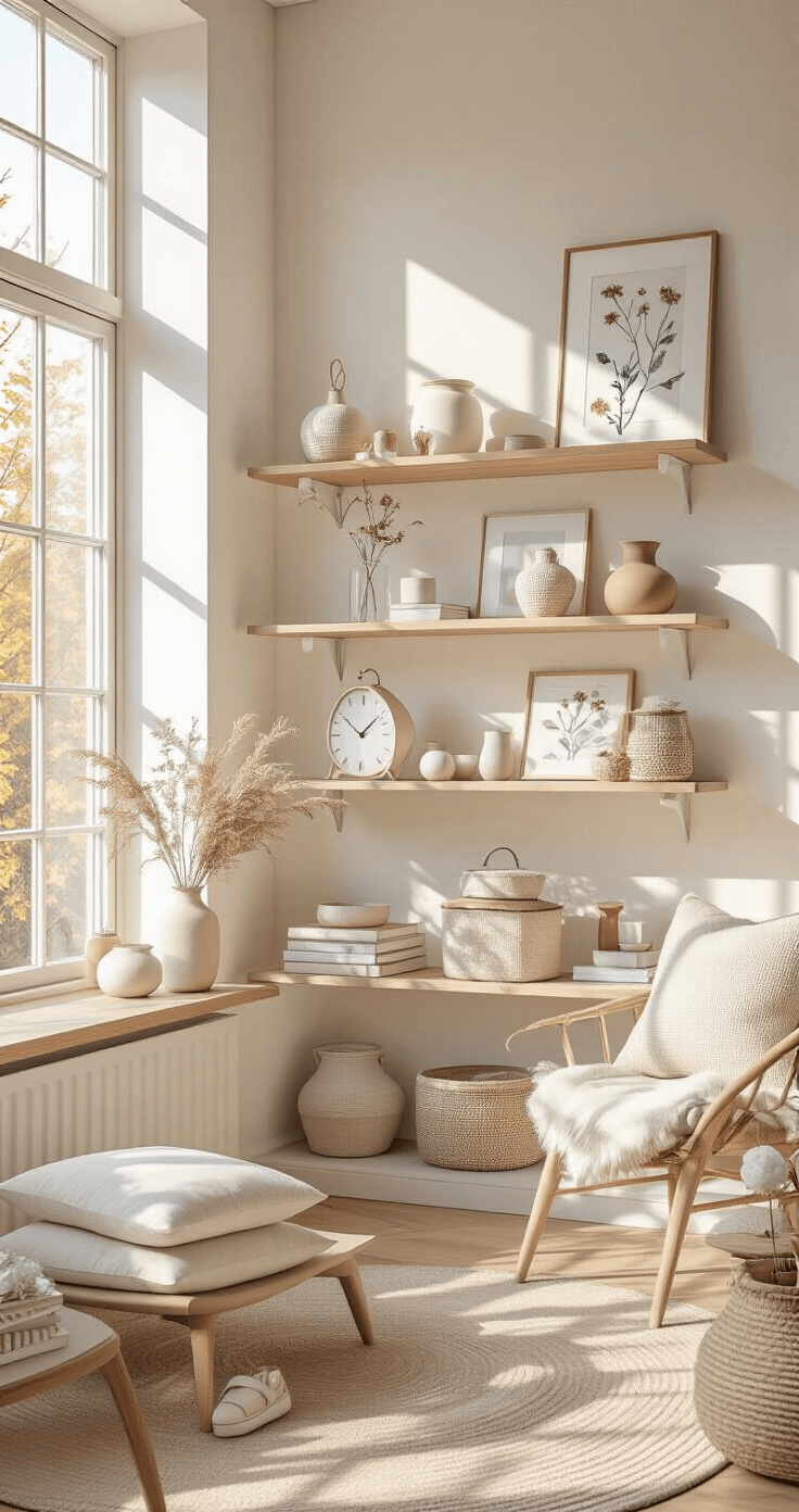 Transform Your Fandom Space: A Lighting and Decor Guide for Ultimate Fan Rooms A bright, Instagram-worthy corner featuring geometric shelving adorned with seasonal collectibles, accentuated by soft pastels and anime-inspired colors. The space is illuminated by late morning golden light streaming through large windows, showcasing Scandinavian-inspired minimal furniture against light oak wood and white walls, complemented by concrete accents.