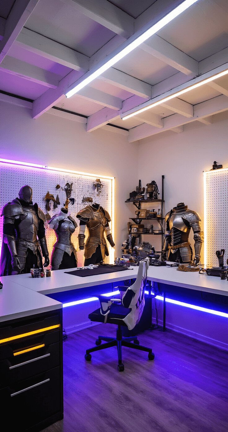 Transforming Your Space: LED Strips for the Ultimate Cosplay Room A spacious cosplay workshop with dramatic purple-blue RGB LED lighting, featuring a floating white desk with underglow, costume mannequins displaying elaborate armor, pegboard walls organizing tools, and sunlight filtering through blackout curtains.