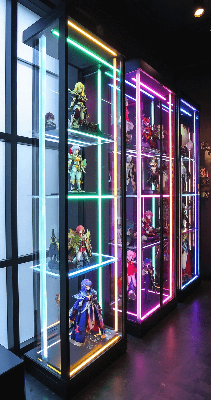 Transforming Your Space: LED Strips for the Ultimate Cosplay Room A dedicated cosplay display area with chrome and glass cabinets illuminated by warm white LED strips and colorful RGB lighting, showcasing detailed figurines and costume pieces against dark charcoal walls.