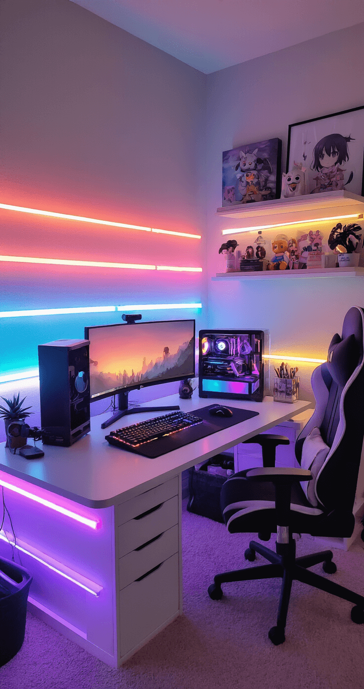 Transforming Your Space: LED Strips for the Ultimate Cosplay Room Cozy cosplay streaming corner with L-shaped white desk, multiple monitors, an RGB mechanical keyboard, and addressable LED strips creating pastel gradients, featuring a plush gaming chair and illuminated collectibles.