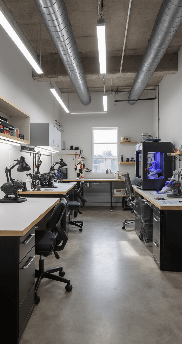 Transforming Your Space: LED Strips for the Ultimate Cosplay Room A well-organized cosplay crafting room featuring industrial design elements, with bright LED strip lights illuminating various workstations for sewing, 3D printing, and painting, all complemented by natural sunlight and sleek cable management.