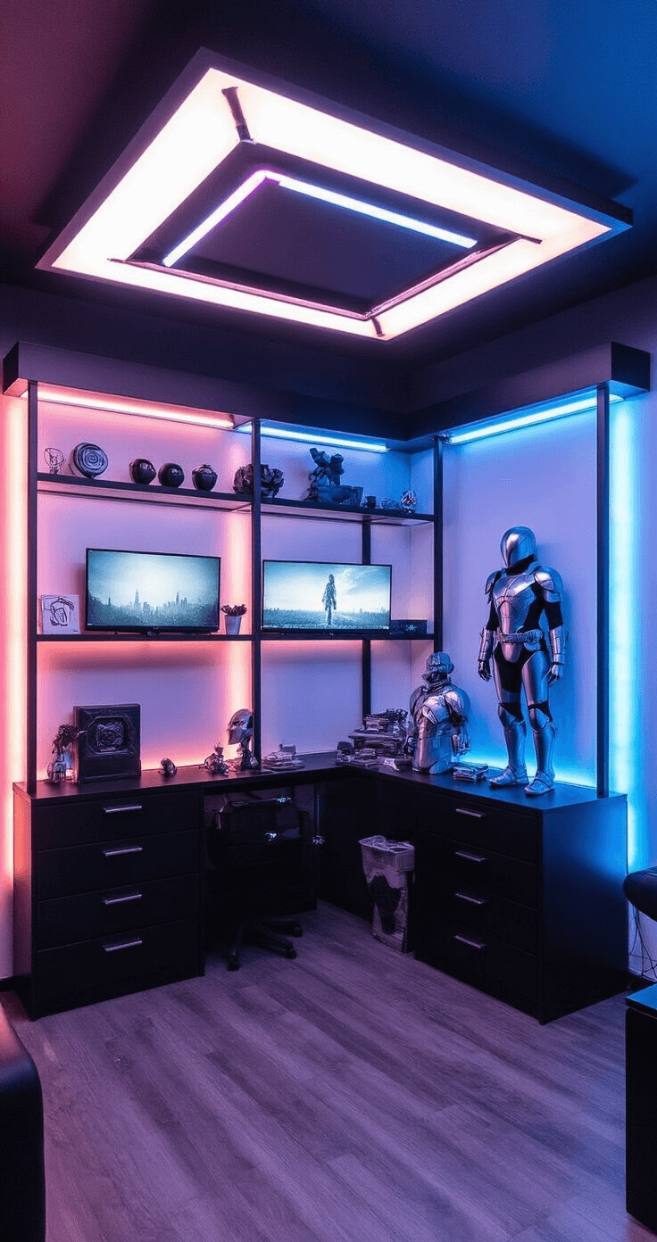 Transforming Your Space: LED Strips for the Ultimate Cosplay Room A vibrant sci-fi themed cosplay sanctuary featuring cool blue-purple LED strips, sleek black furniture, and metallic silver costume pieces, all illuminated in an evening setting.
