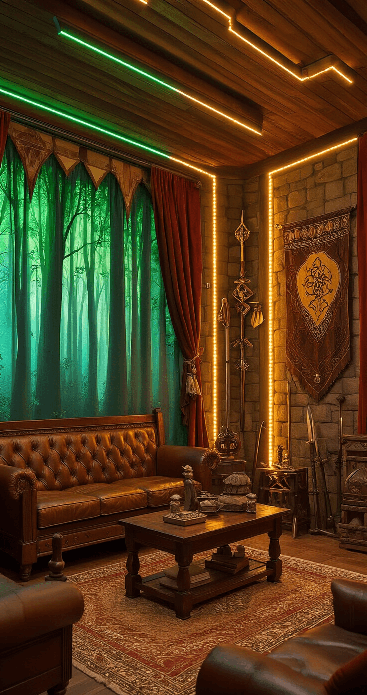 Transforming Your Space: LED Strips for the Ultimate Cosplay Room A cozy fantasy-themed cosplay room with warm gold and emerald LED strips, medieval-style curtains filtering afternoon sunlight, rich wooden furniture, leather seating, and a stone-textured accent wall adorned with fantasy props and weapons, all creating a magical, tavern-like ambiance.