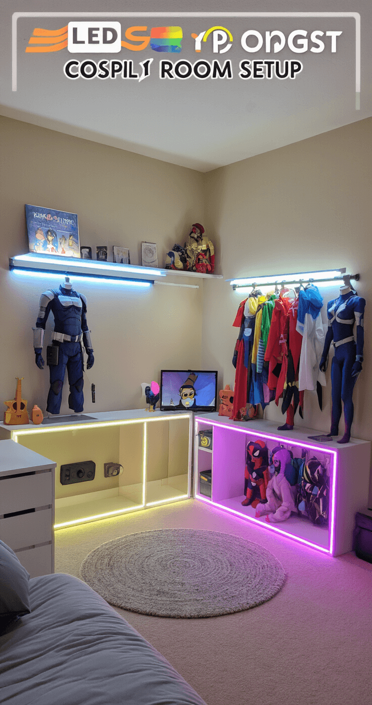 Transforming Your Space: LED Strips for the Ultimate Cosplay Room Budget-friendly cosplay room setup featuring strategic placement of affordable LED strips, IKEA furniture, and colorful costume displays against neutral walls, illuminated by early evening natural light.