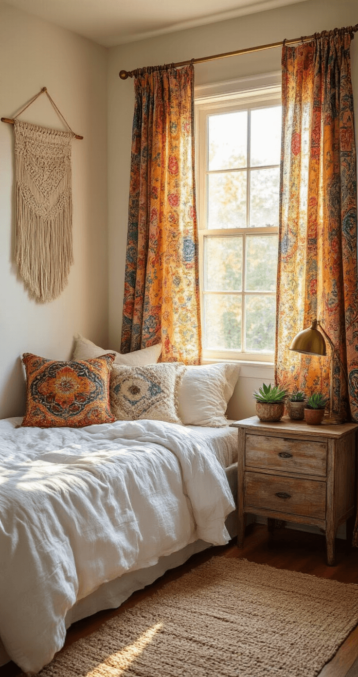 DIY Curtain Ideas for Themed Bedrooms: Unleash Your Creative Decor Magic Cozy bedroom corner with vintage scarf curtains in jewel tones, sunlight filtering through patterns, macrame wall hanging, unmade bed with white linens and woven throw pillows, weathered wood nightstand with succulents, brass lamp, and jute rug on hardwood floors, all illuminated in warm, textured lighting.