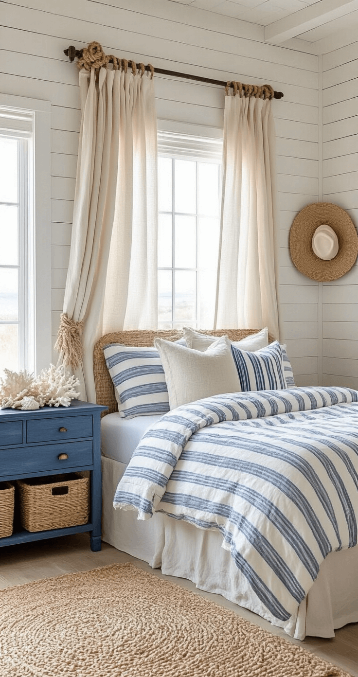 DIY Curtain Ideas for Themed Bedrooms: Unleash Your Creative Decor Magic Wide angle view of a serene coastal bedroom with white-washed plank walls, a driftwood headboard, and navy striped bedding. Natural linen curtains tied with nautical rope filter soft morning light through sheer panels. The room features woven seagrass baskets, coral decorations on a distressed blue dresser, and a shell collection on the windowsill, all in a sandy beige and ocean blue palette.
