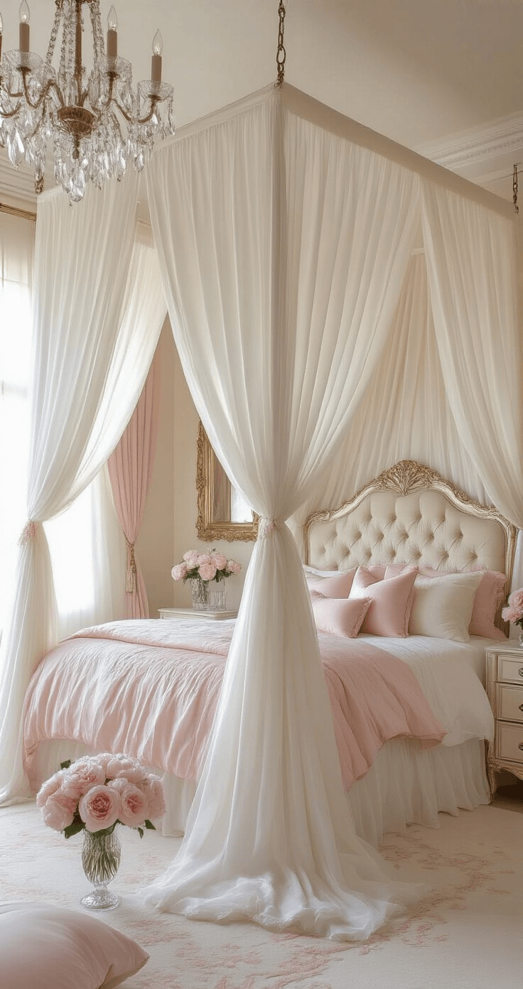 DIY Curtain Ideas for Themed Bedrooms: Unleash Your Creative Decor Magic A dreamy princess bedroom featuring a four-poster bed draped in white and blush pink sheer canopy curtains, soft afternoon light illuminating the space. The room includes a tufted velvet headboard, silk throw pillows, a crystal chandelier, a vintage gilt mirror, and fresh peonies in a crystal vase, all set on a cream carpet with rose gold accents, creating a romantic fairytale atmosphere from a low angle.