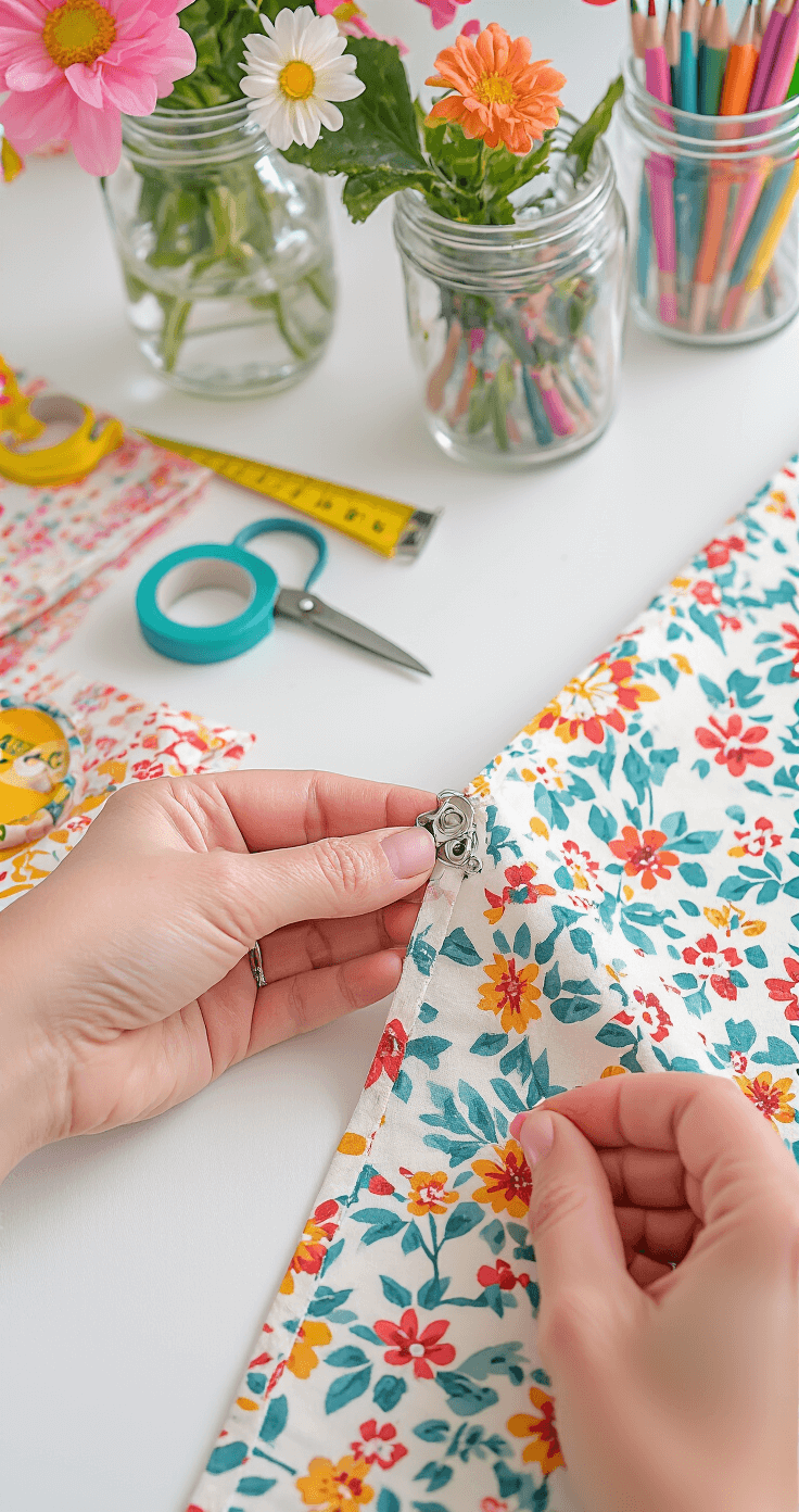 DIY Curtain Ideas for Themed Bedrooms: Unleash Your Creative Decor Magic Close-up of a DIY no-sew curtain corner with fabric glue, decorative clip rings, and floral cotton material being positioned. The bright craft room is well-lit, featuring organized supplies in mason jars, scissors, and colorful fabric swatches on a clean white desk, all captured from an overhead perspective.