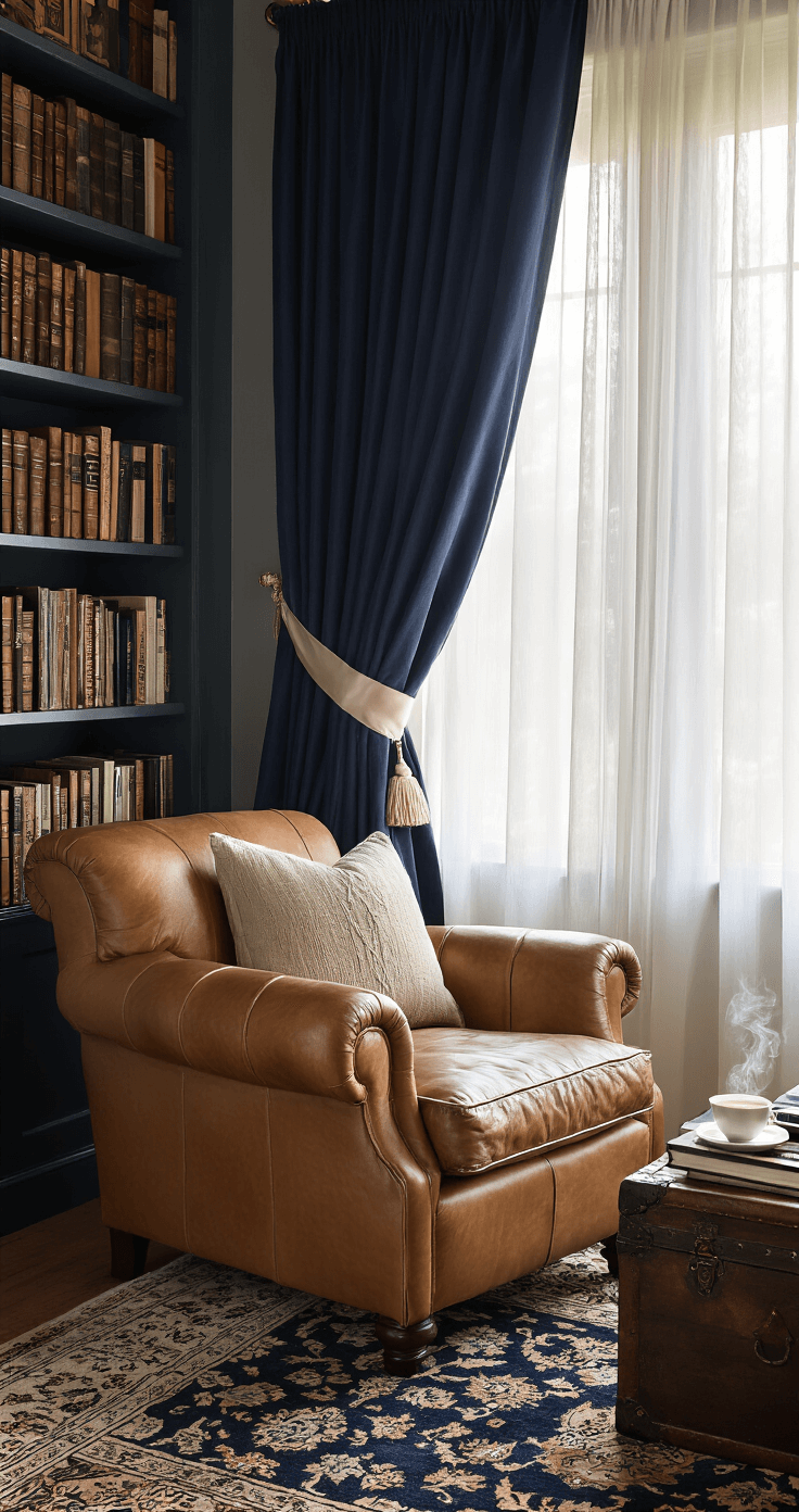 DIY Curtain Ideas for Themed Bedrooms: Unleash Your Creative Decor Magic Cozy reading nook with layered navy and white curtains, camel leather armchair, vintage trunk coffee table, stacked books, steaming tea cup, and a Persian rug, captured from a chair-level angle in soft afternoon light.
