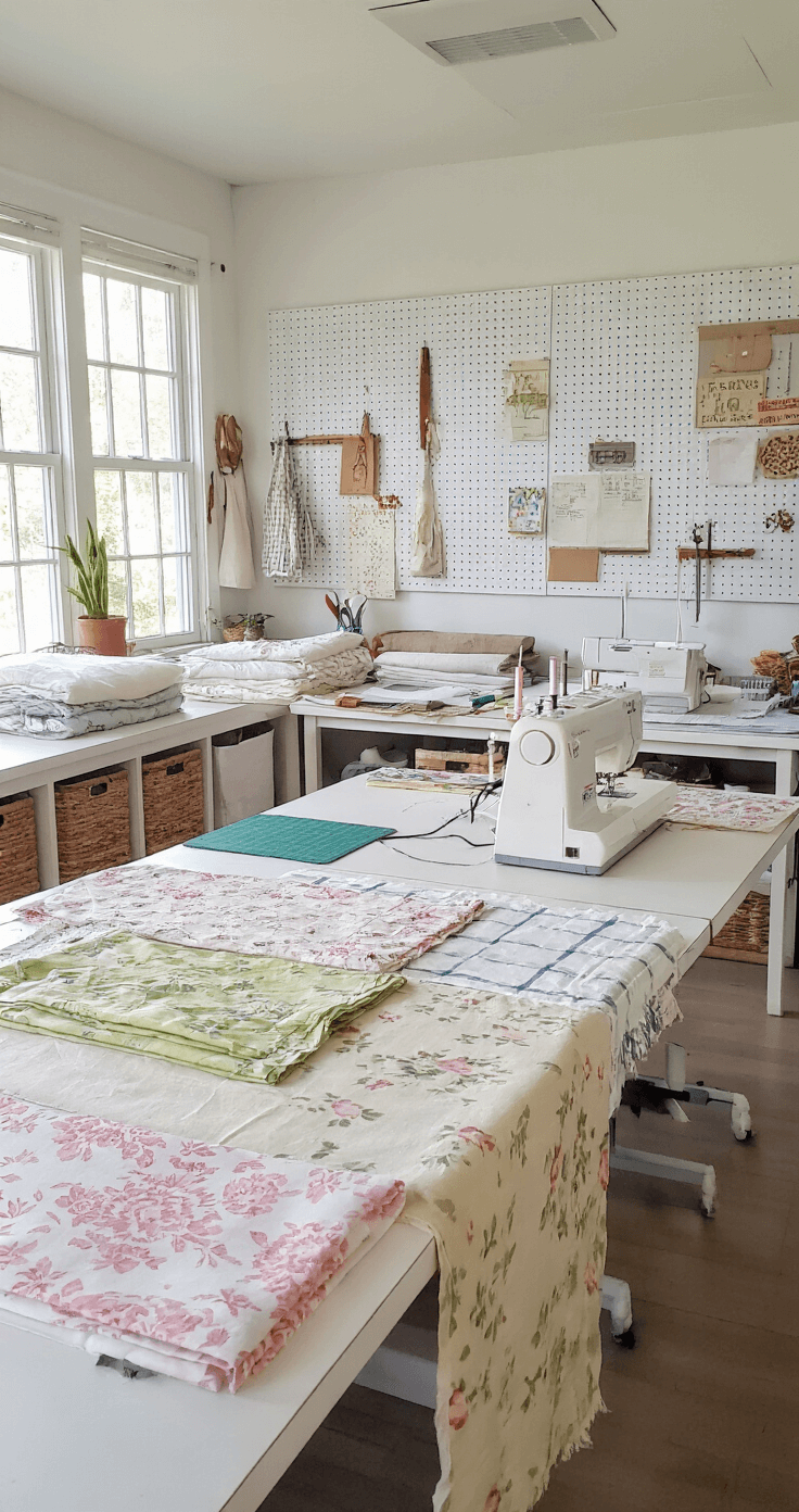 DIY Curtain Ideas for Themed Bedrooms: Unleash Your Creative Decor Magic Bright craft room filled with thrifted vintage tablecloths, silk scarves, and linen sheets on a large work table, illuminated by natural light from north-facing windows. Pegboard wall with tools, fabric bins, and inspiration boards visible, alongside a sewing machine and cutting mats, creating a budget-friendly DIY paradise in whites and pastels. Organized creative chaos captured from a standing perspective.