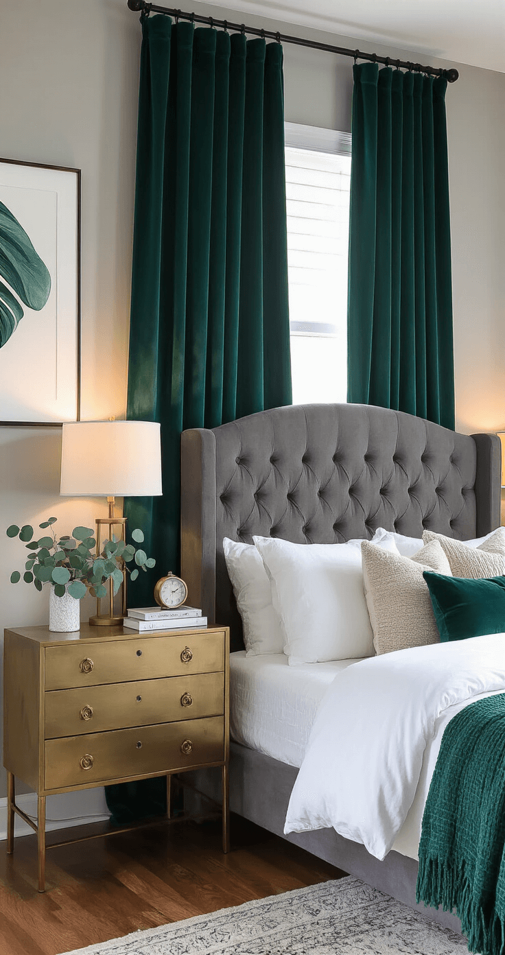 DIY Curtain Ideas for Themed Bedrooms: Unleash Your Creative Decor Magic Elegant bedroom featuring deep emerald velvet curtains on matte black rods, tufted gray headboard, brass nightstands, and textured white bedding. The moody atmosphere is created by lamplight, complemented by hardwood floors, abstract art, and fresh eucalyptus, showcasing a sophisticated mix of jewel tones and neutrals.