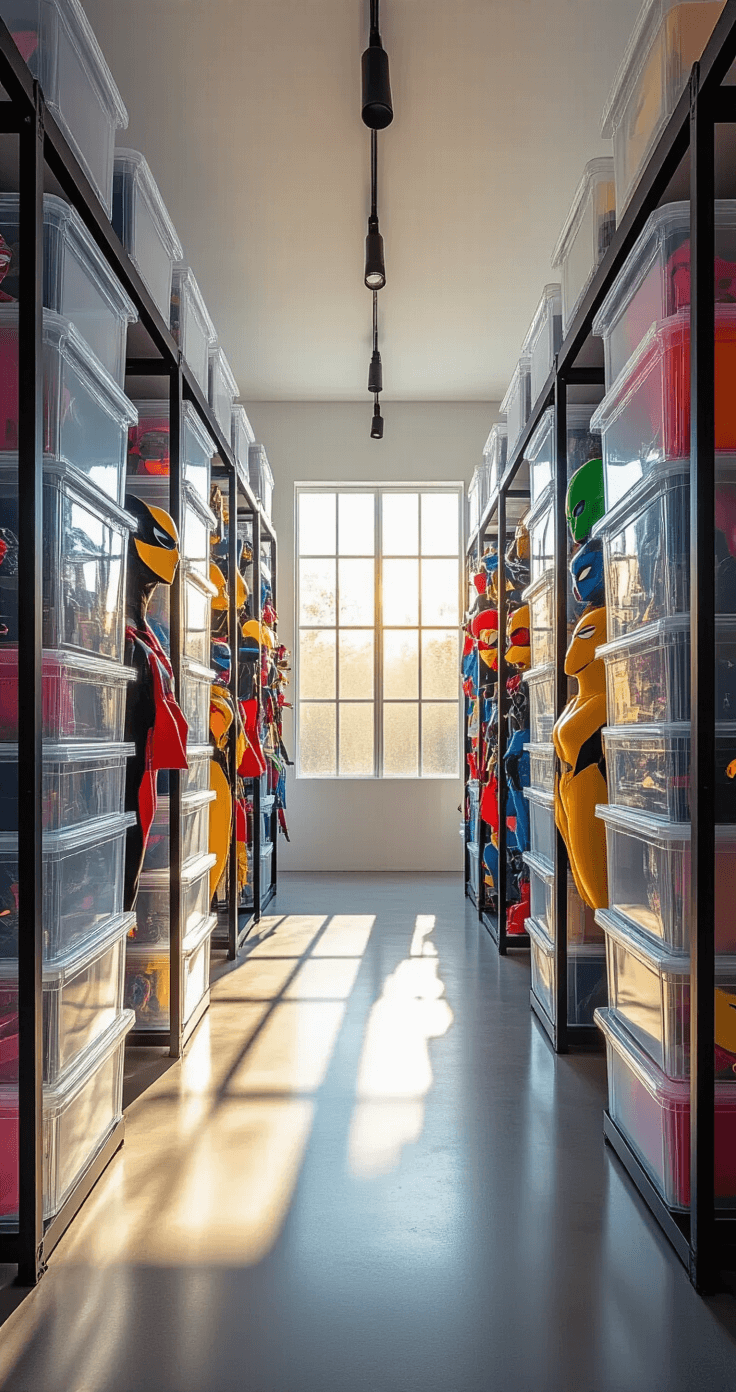 Ultimate Cosplay Accessory Storage Guide: Protect, Organize, and Showcase Your Treasures Photorealistic wide-angle view of a modern storage room featuring white walls and polished concrete floors, illuminated by golden hour sunlight. Wall-to-wall transparent stackable bins display colorful cosplay accessories, organized by character, against industrial black metal shelving. The scene has a cool blue-gray palette enhanced with neon colors, creating a warm, creative atmosphere.