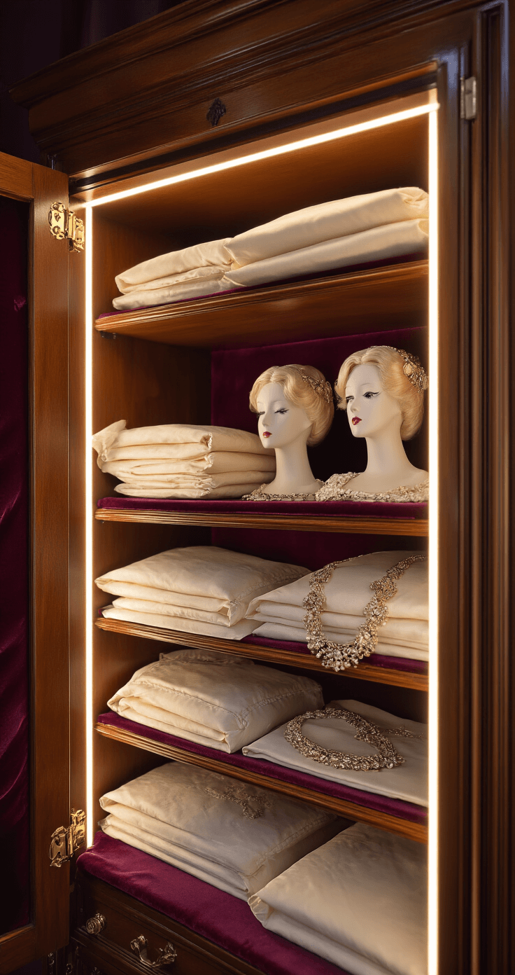 Ultimate Cosplay Accessory Storage Guide: Protect, Organize, and Showcase Your Treasures Intimate macro shot of an elegant vintage mahogany armoire interior, showcasing delicate cosplay pieces wrapped in cream tissue paper, foam mannequin heads with intricate wigs on velvet-lined shelves, and rich burgundy velvet contrasting with white protective materials, all illuminated by warm amber LED lighting.