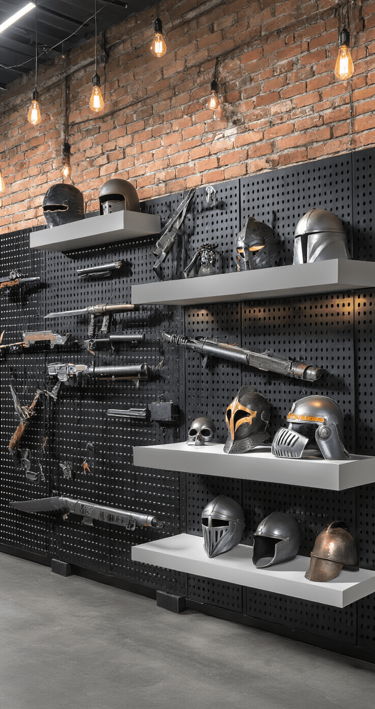 Ultimate Cosplay Accessory Storage Guide: Protect, Organize, and Showcase Your Treasures Dynamic low-angle view of an artistic studio wall with a black pegboard system, exposed brick, and dramatic spotlighting highlighting suspended cosplay weapons and props, complemented by floating white shelves displaying helmets and armor, all in an industrial gray and black palette with warm Edison bulb lighting.