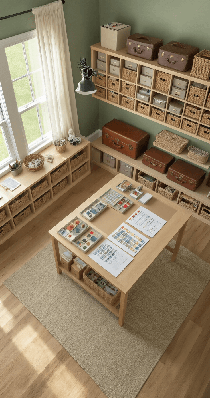 Ultimate Cosplay Accessory Storage Guide: Protect, Organize, and Showcase Your Treasures Cozy craft room workspace with sage green walls and natural oak flooring, featuring organized costume kit storage, vintage suitcases, and a work table illuminated by morning light through sheer curtains.