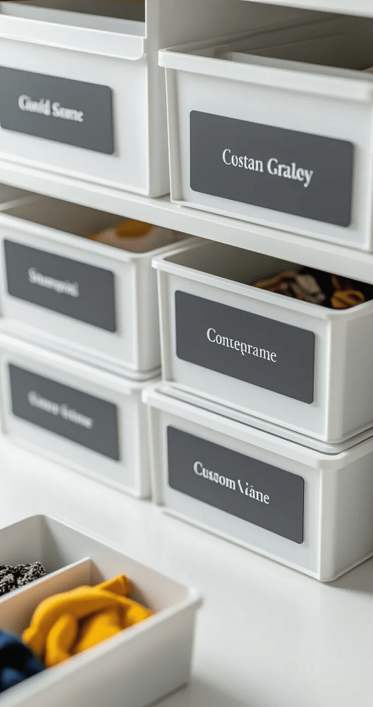 Ultimate Cosplay Accessory Storage Guide: Protect, Organize, and Showcase Your Treasures Close-up of elegant custom storage containers with charcoal gray typography labels, showcasing smooth white bins, soft lighting, and minimalist design for organization inspiration.