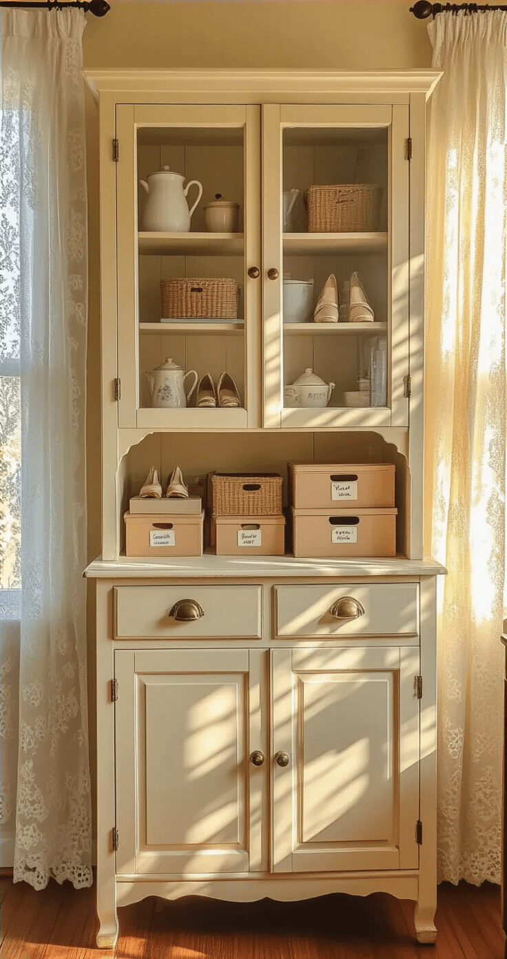 Ultimate Cosplay Accessory Storage Guide: Protect, Organize, and Showcase Your Treasures A warm medium shot of a vintage cream-painted kitchen cabinet repurposed for cosplay storage, featuring glass panel doors and afternoon sunlight creating dappled shadows through lace curtains. Small accessories are organized in repurposed kitchen organizers, while vintage shoe boxes with handwritten labels store larger items. The scene showcases a nostalgic color palette of cream, soft yellow, and muted pastels with distressed wood textures and aged brass hardware, creating a cozy, creative atmosphere.