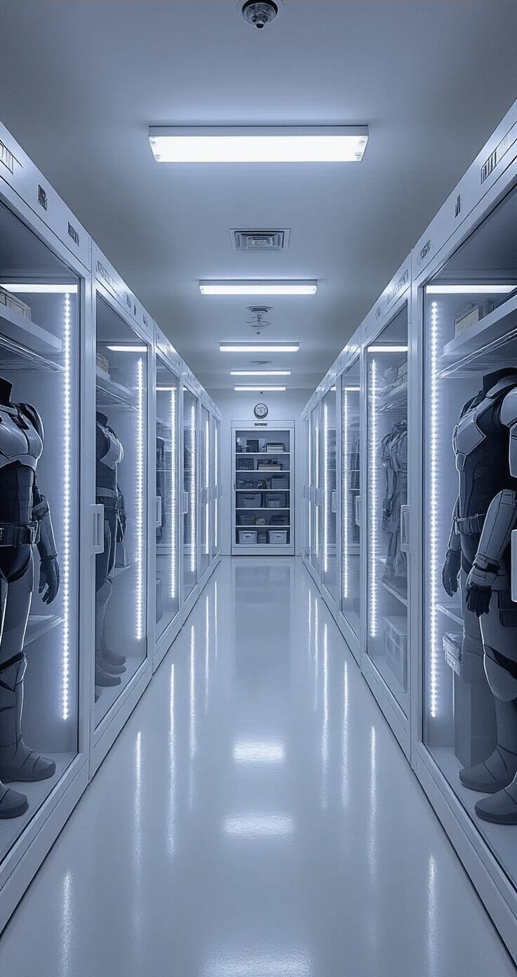 Ultimate Cosplay Accessory Storage Guide: Protect, Organize, and Showcase Your Treasures A wide shot of a cosplay preservation room featuring climate control, illuminated display cases, and organized storage systems, showcasing accessories like artifacts in a clean, professional environment.