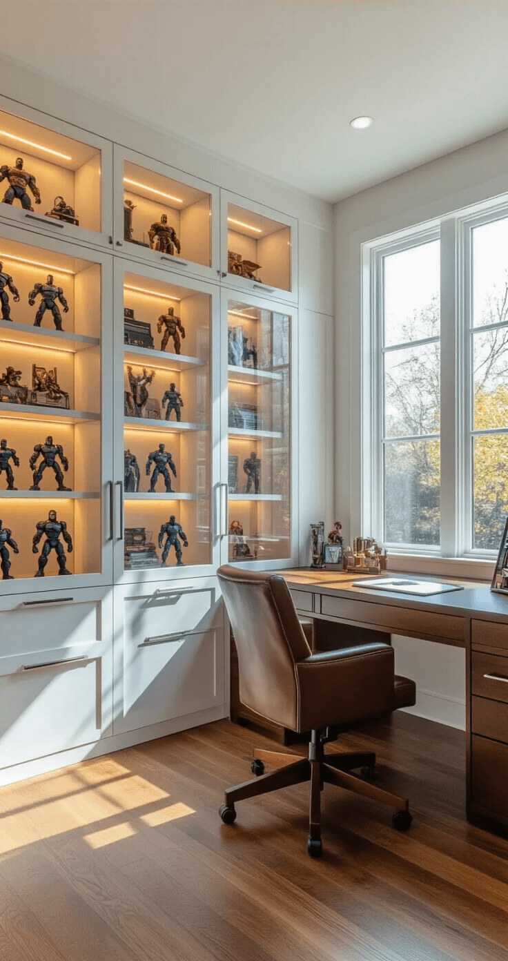 How to Showcase Props Safely: The Ultimate Guide to Secure Display Wide shot of a modern home office featuring built-in locking glass display cabinets along white walls, illuminated glass shelves displaying collectible action figures and props, mahogany desk with a leather chair, warm oak flooring, and large windows allowing afternoon natural light to create a professional, museum-like atmosphere.