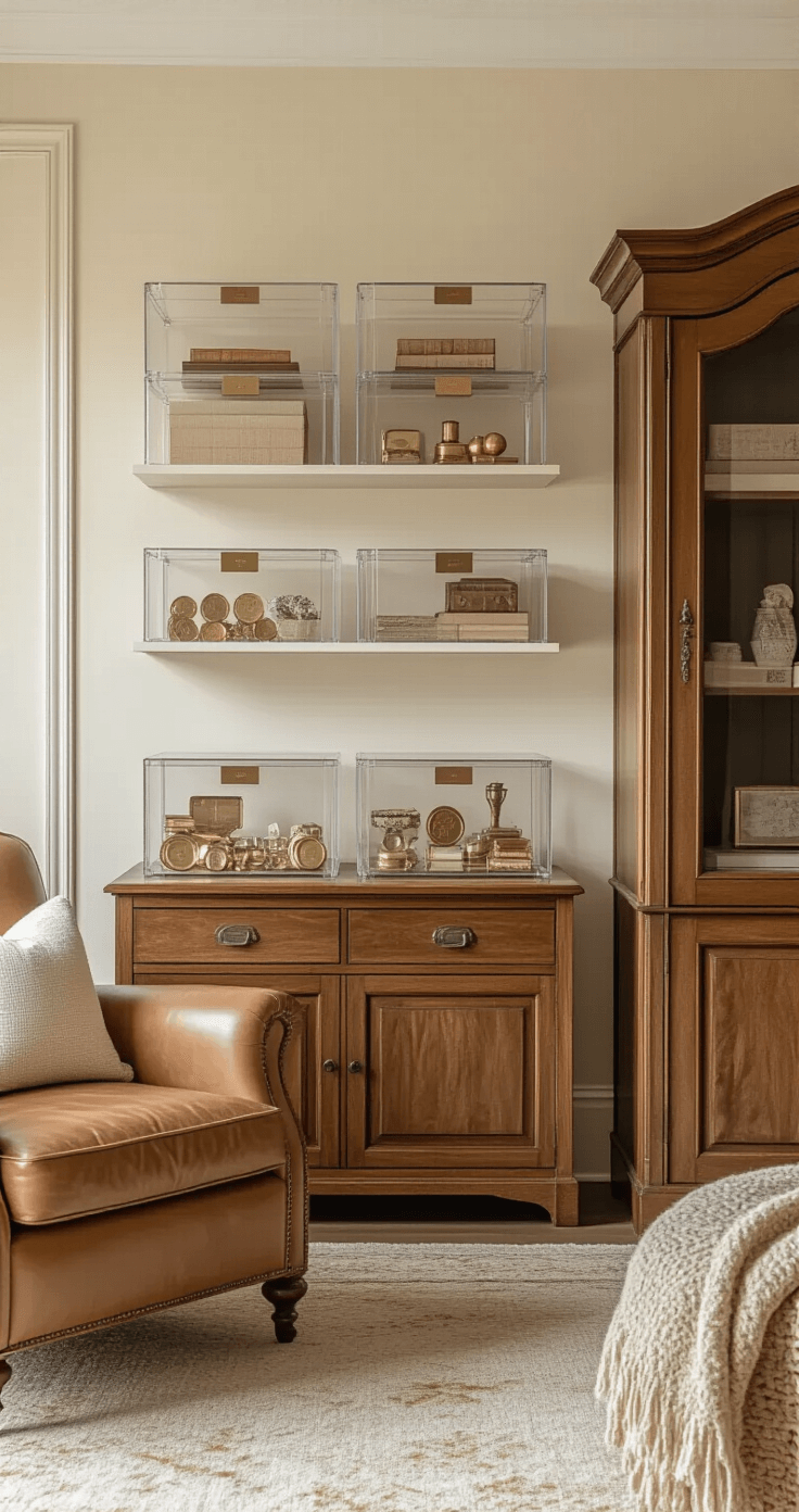 How to Showcase Props Safely: The Ultimate Guide to Secure Display Medium shot of an elegant living room with cream-colored walls, featuring modular acrylic storage containers on floating shelves, an antique wooden armoire with glass doors, and a vintage leather armchair. Small collectible props such as coins and jewelry are displayed in labeled clear boxes, all bathed in warm morning golden hour light, creating a cozy and organized atmosphere with a warm beige and gold color palette.