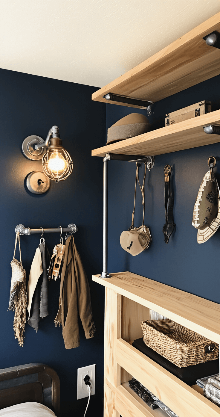 How to Showcase Props Safely: The Ultimate Guide to Secure Display Close-up view of a bedroom wall display featuring command strips and PVC pipe pegs for prop replicas and costume accessories, illuminated by warm evening lamp light, showcasing a dark navy accent wall and a wooden rack with hidden anchors in an industrial-modern style.