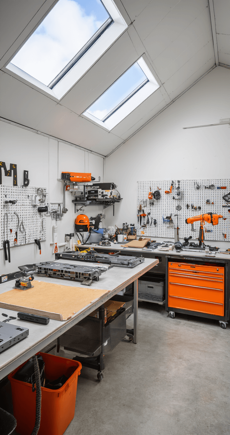 How to Showcase Props Safely: The Ultimate Guide to Secure Display Interior of a craft room featuring a flame-retardant material workspace, well-lit by bright daylight from skylights, with various steel and aluminum prop components on a workbench, visible safety equipment, white walls organized with pegboards, concrete floors, an industrial aesthetic accentuated by safety orange, a professional workshop atmosphere that includes a materials testing area, captured from standing height with even fluorescent lighting enhancing the natural light.