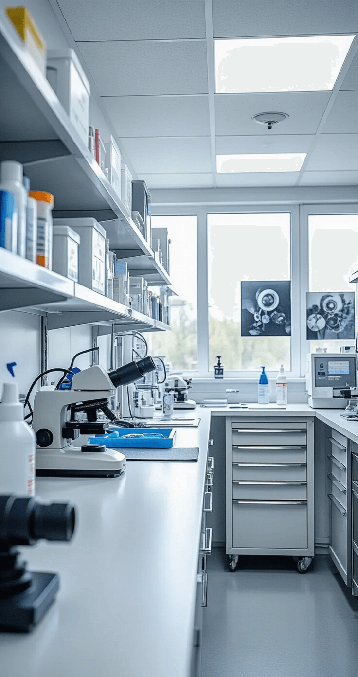 How to Showcase Props Safely: The Ultimate Guide to Secure Display A well-organized maintenance workshop corner featuring natural afternoon light, equipped with magnifying tools, cleaning supplies on shelves, and visible repair tools. A documentation camera is set up against sterile white surfaces with stainless steel accents. The walls display before-and-after prop photos, creating a clinical atmosphere ideal for professional conservation work, captured from a macro lens perspective to highlight the bright, color-accurate lighting.