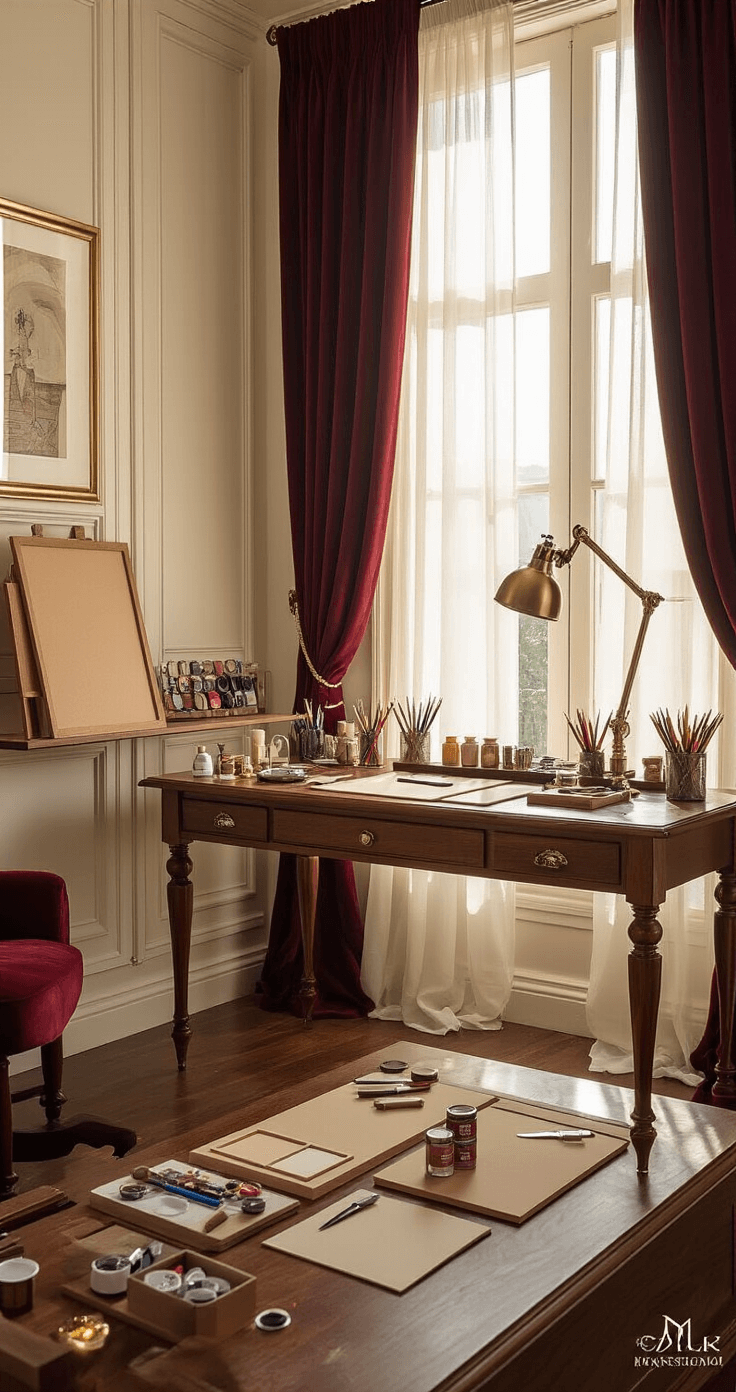 DIY Mini Stage for Figures: Create Your Perfect Display Paradise Luxurious home office featuring a handcrafted DIY mini theater stage, with a mahogany desk near a sunlit window, surrounded by neatly arranged craft supplies, including foam boards and acrylic paints, complemented by a burgundy velvet backdrop.