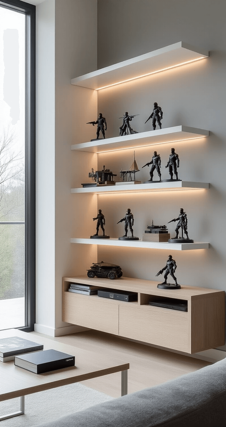 DIY Mini Stage for Figures: Create Your Perfect Display Paradise A modern minimalist living room with a gray accent wall featuring floating white oak shelves displaying collectible figures. The space has a neutral color palette, low-profile furniture, and abundant natural light from a large window, creating soft shadows and highlighting sleek geometric lines.