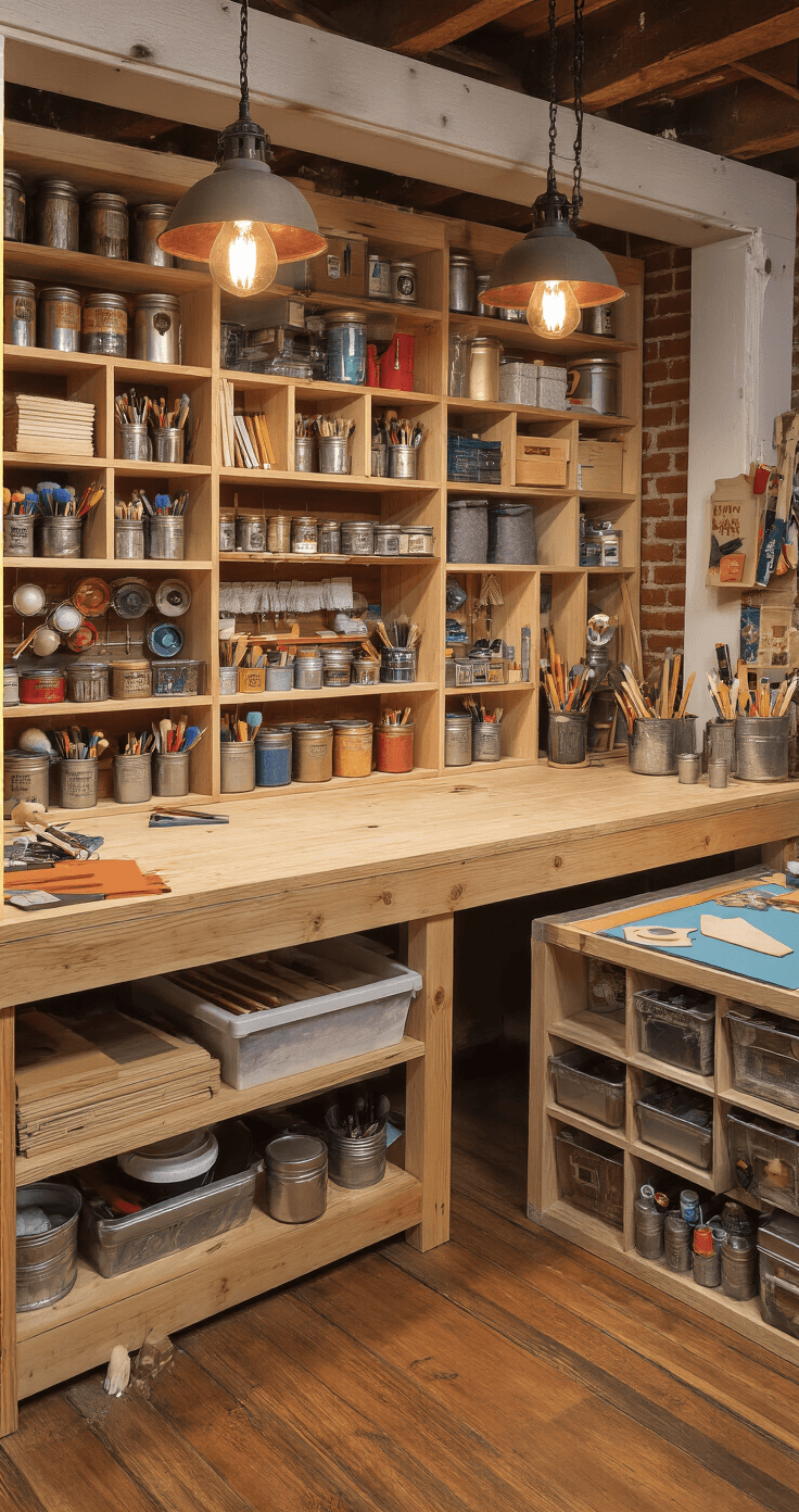 DIY Mini Stage for Figures: Create Your Perfect Display Paradise Cozy craft room with a pine workbench under pendant lighting, organized storage cubbies filled with colorful materials, and various small theater stages in progress. Overhead view showcases vintage mason jars with tools and rich crafting supplies on rustic wood floors against an exposed brick wall, all bathed in warm Edison bulb lighting.