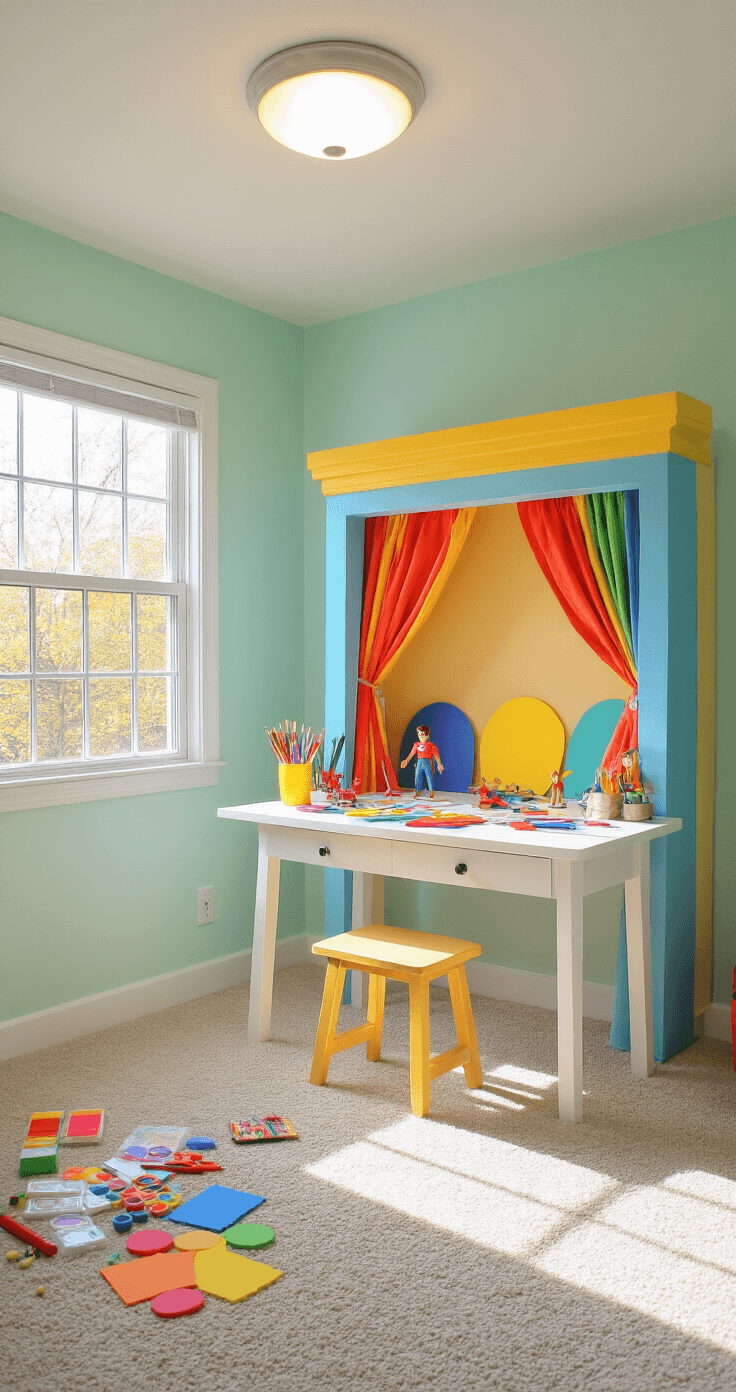 DIY Mini Stage for Figures: Create Your Perfect Display Paradise Bright children's bedroom with a colorful DIY mini stage project in progress, featuring a small white desk by a sunlit window. The workspace is filled with craft supplies including acrylic paints, safety scissors, and foam sheets. A low stool is at child-height, with a rainbow color palette and soft mint green walls creating an inspiring atmosphere.