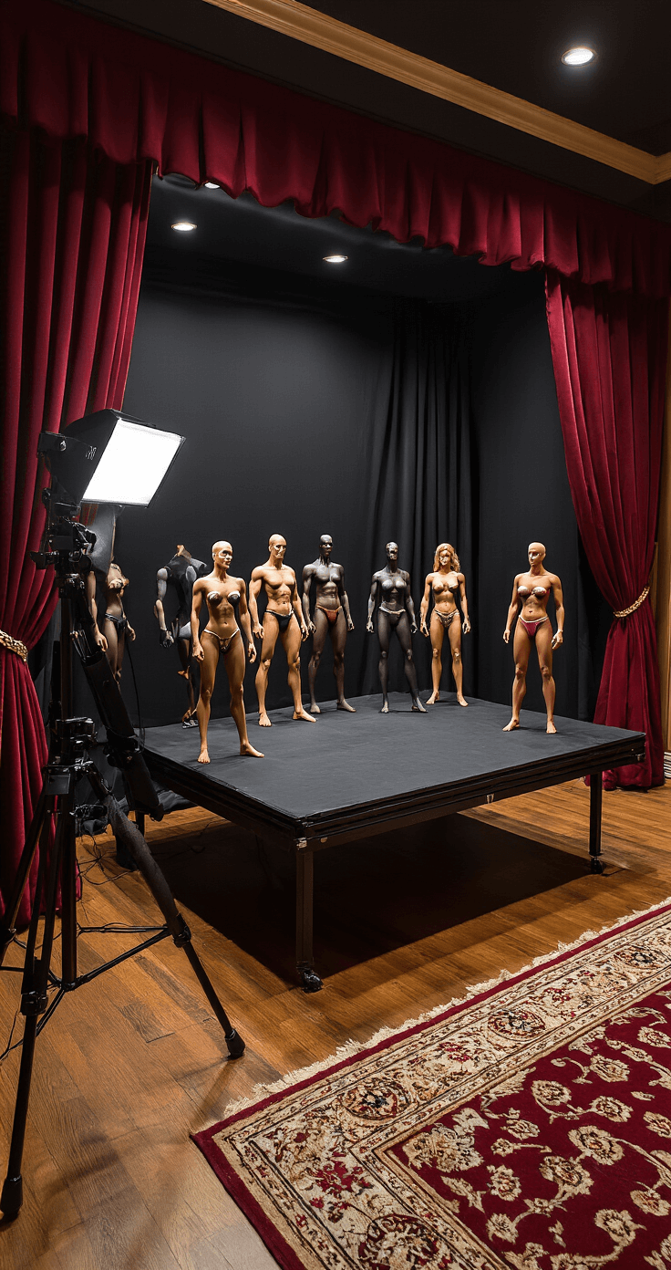 DIY Mini Stage for Figures: Create Your Perfect Display Paradise Elegant home theater photography setup featuring a mini stage on a black table, ring lighting, and a dramatic black backdrop, surrounded by rich burgundy curtains, multiple figure displays, and a controlled lighting environment, all within a sophisticated crimson and gold color scheme.