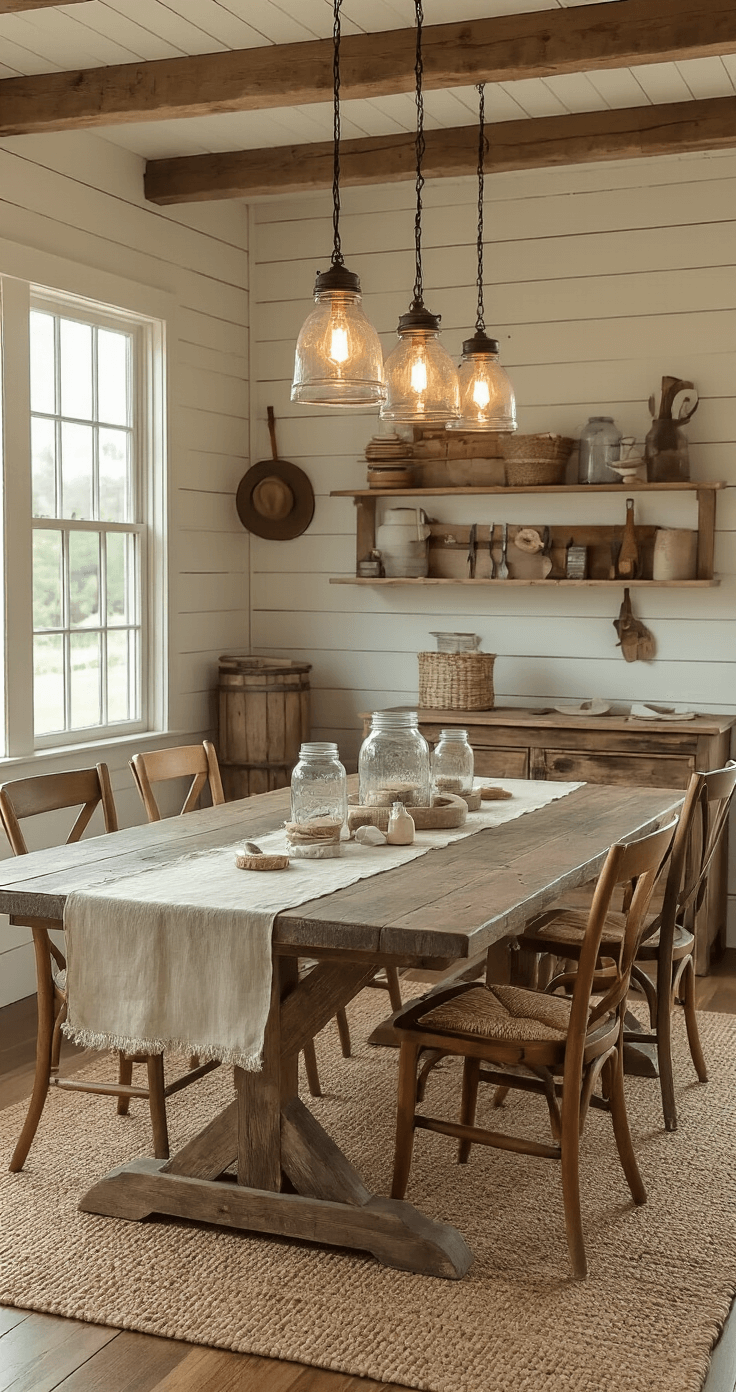 DIY Mini Stage for Figures: Create Your Perfect Display Paradise A rustic farmhouse dining room transformed into a family craft space, featuring a distressed wooden farm table with mismatched vintage chairs, adorned with a natural linen table runner and artfully arranged craft supplies. Warm lighting from mason jar fixtures enhances the cozy atmosphere, with completed mini stages showcased on floating barn wood shelves. The scene is bathed in golden hour light, highlighting a palette of cream, sage green, and natural wood tones, complemented by a shiplap accent wall and vintage crafting tools.