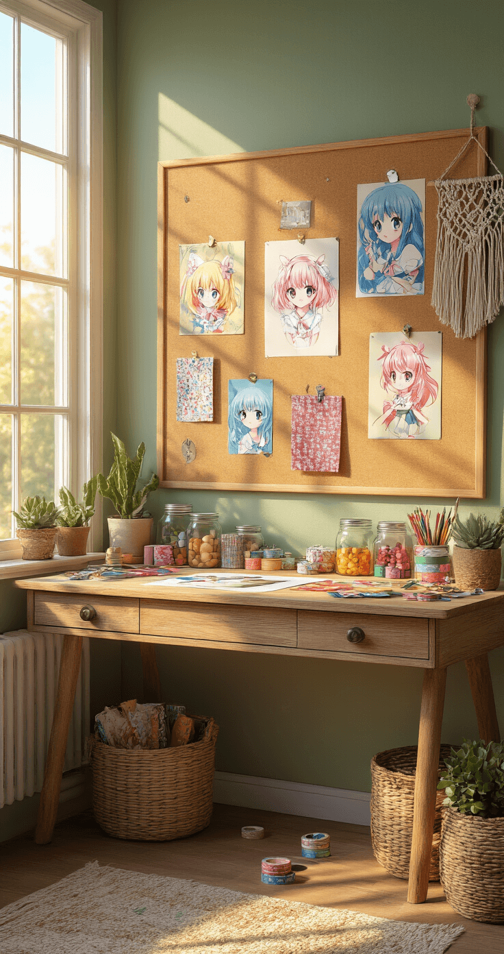 Cosplay Inspiration: How to Create the Ultimate Corkboard Vision Board Photorealistic craft room with vintage wooden desk, large cork bulletin board on sage green wall displaying anime prints and fabric swatches, organized mason jars of supplies, scattered rainbow washi tape, cozy bohemian decor with macrame and succulents, warm golden hour lighting.