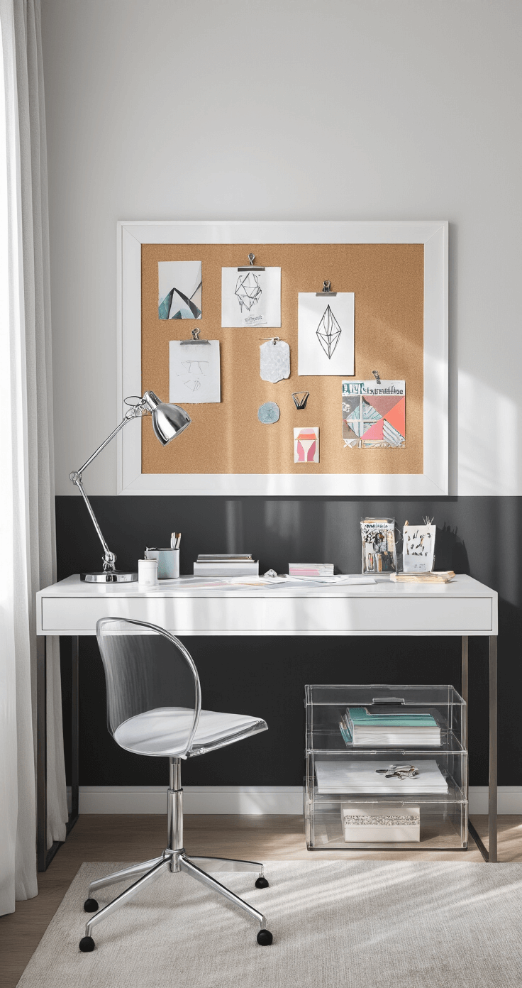 Cosplay Inspiration: How to Create the Ultimate Corkboard Vision Board Modern minimalist bedroom corner with a sleek white desk against a charcoal wall. Morning light filters through sheer curtains, illuminating an oversized corkboard framed with geometric washi tape, showcasing cosplay sketches, color palette cards, and convention badges. The scene features a chrome desk lamp and acrylic organizers with metallic pins, all arranged in a clean, monochromatic color scheme accented by jewel tones from inspiration images.