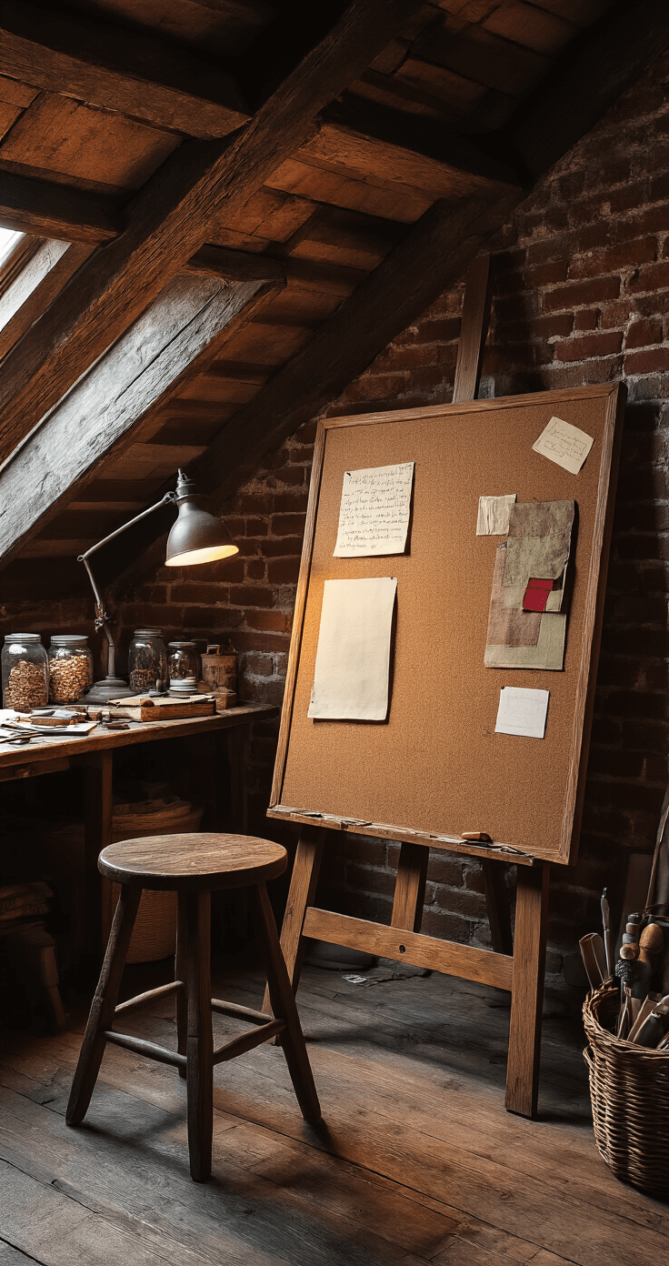 Cosplay Inspiration: How to Create the Ultimate Corkboard Vision Board Cozy attic craft studio bathed in warm evening lamplight, featuring rustic exposed beams and weathered brick walls, with a vintage corkboard full of character references and fabric samples, an antique stool, scattered art supplies, and vintage sewing notions in glass jars, all captured in moody atmospheric lighting with a rich burgundy and forest green color palette.