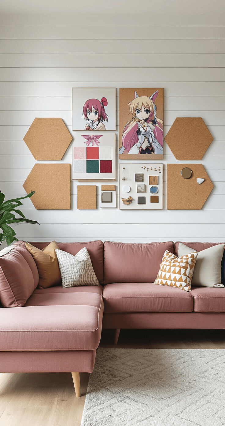 Cosplay Inspiration: How to Create the Ultimate Corkboard Vision Board A bright contemporary living room showcasing a gallery wall of hexagon-patterned cork tiles with various cosplay inspirations against a white shiplap wall. The space features a dusty rose modern sectional sofa with geometric throw pillows, natural wood accents, and is flooded with midday natural light.