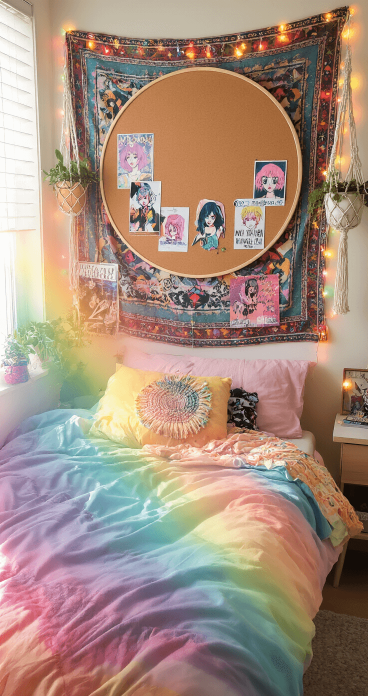 Cosplay Inspiration: How to Create the Ultimate Corkboard Vision Board A vibrant eclectic teenage bedroom bathed in afternoon sunlight, featuring a bohemian tapestry backdrop, a large circular corkboard filled with colorful cosplay art and photos, friendship pins, and bordered by fairy lights. Vintage band posters, macrame plant hangers, and string lights enhance the magical ambiance, creating a dreamy atmosphere rich in youthful creative energy and a mix of pastel and neon colors.