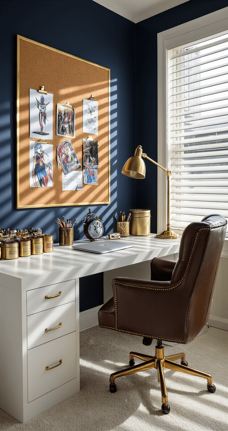 Cosplay Inspiration: How to Create the Ultimate Corkboard Vision Board A sophisticated home office featuring morning light casting striped shadows through venetian blinds, with a dark navy feature wall and a gold-framed cork bulletin board displaying curated cosplay mood boards. The space includes a leather executive chair, brass desk accessories, and organized pin collections in vintage tins, all within a refined color scheme of navy, gold, and cream, highlighted by strategic pops of inspiration colors.