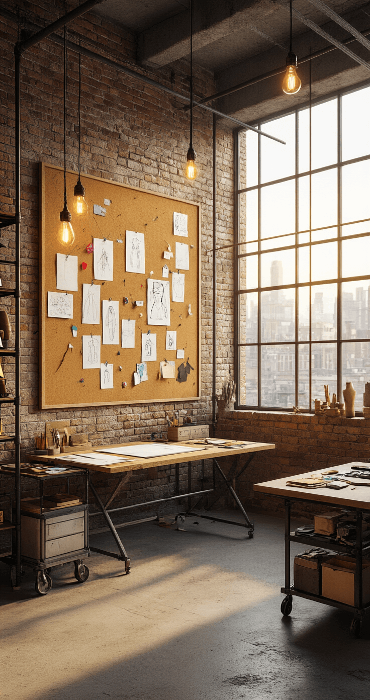 Cosplay Inspiration: How to Create the Ultimate Corkboard Vision Board A wide-angle shot of an industrial loft studio featuring exposed brick walls and concrete floors, illuminated by golden hour light through large windows. The space includes metal pipe shelving and a DIY corkboard wall filled with cosplay references, fabric samples, and sketches connected by colored string. A vintage drafting table and rolling cart with supplies are visible, along with Edison bulb fixtures, creating a warm and creative atmosphere in this urban workshop.