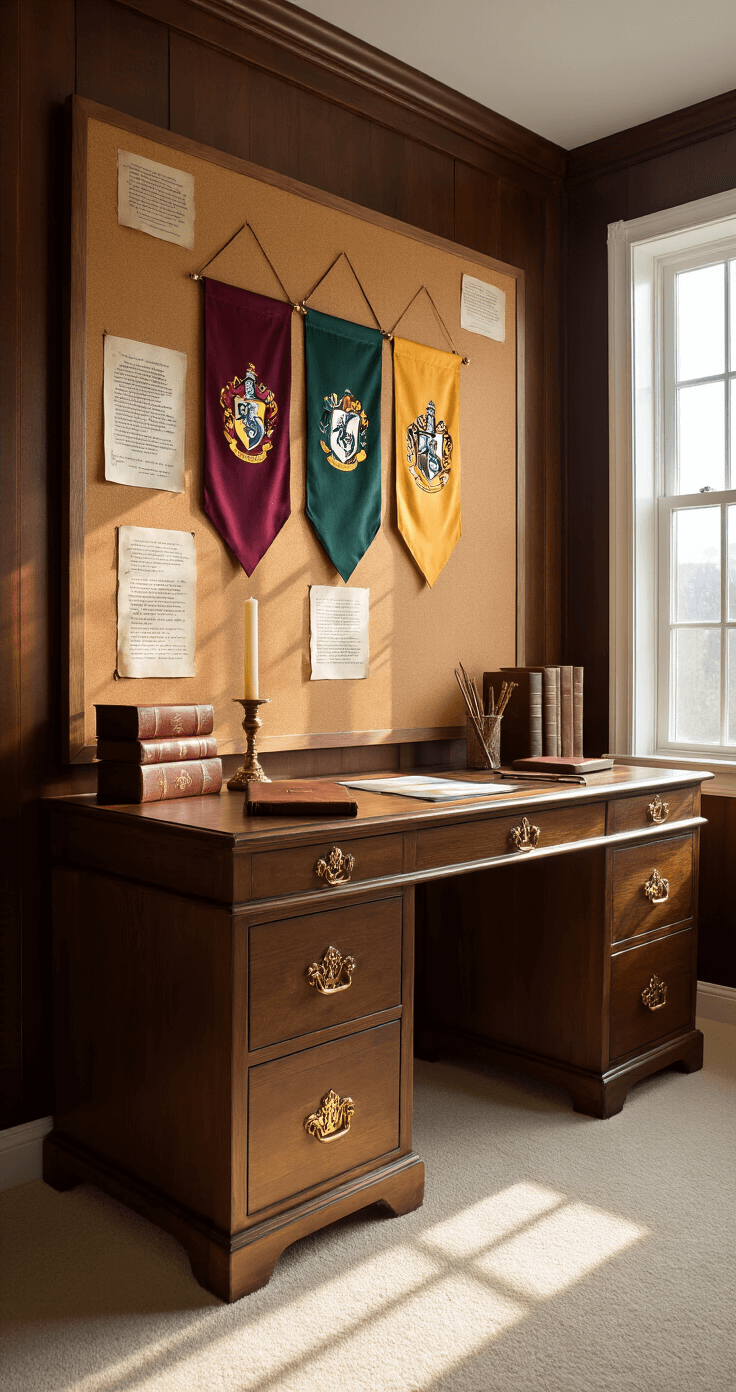 Fandom-Themed Bulletin Boards: Transform Your Space into a Pop Culture Paradise Wide-angle shot of a modern home office with a large cork bulletin board decorated in Harry Potter themes, featuring house banners and layered parchment. Sunlight filters through white-framed windows, illuminating the wooden desk adorned with wand replicas and leather-bound journals against rich mahogany walls and a cream carpet.