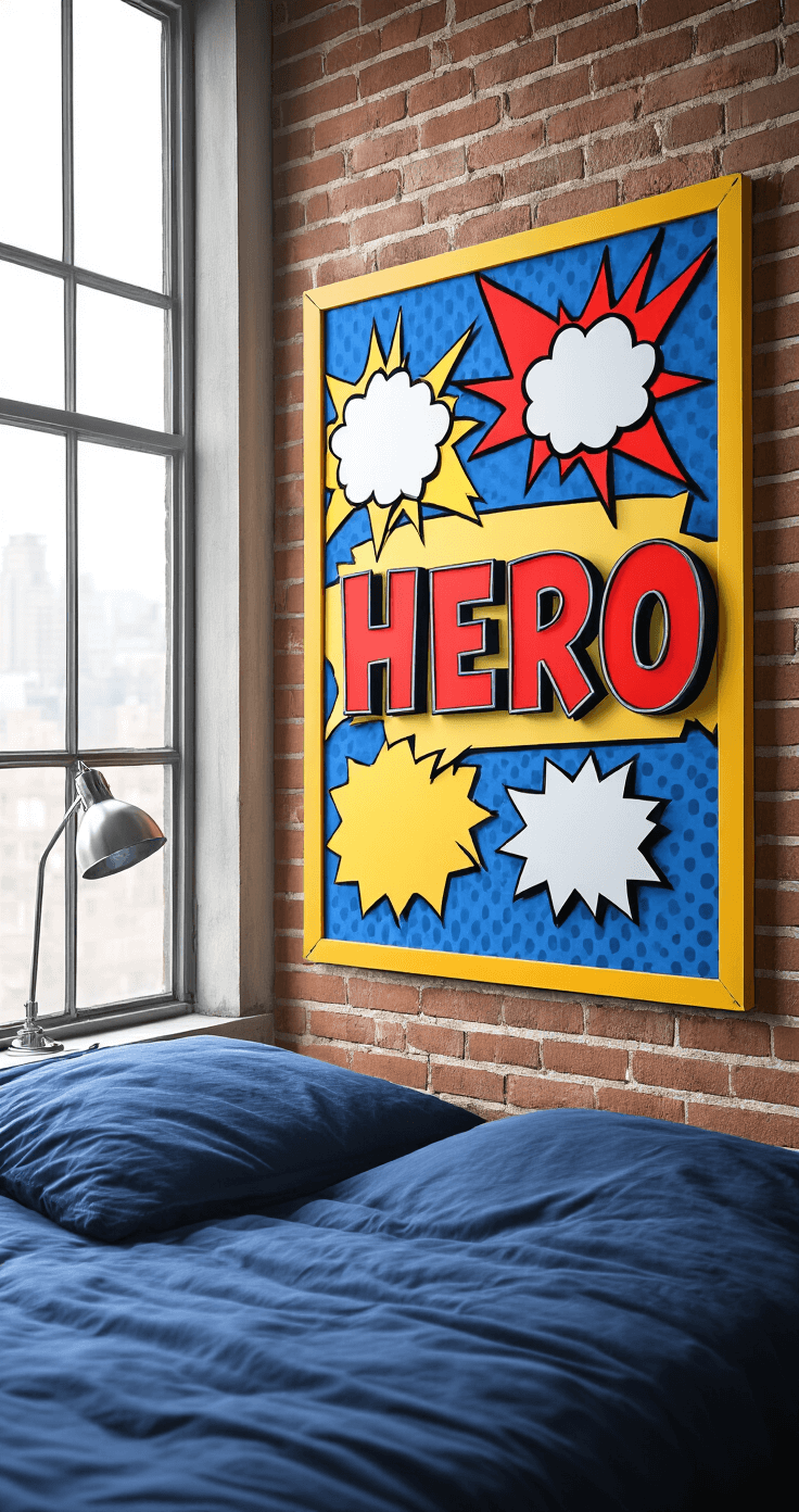 Fandom-Themed Bulletin Boards: Transform Your Space into a Pop Culture Paradise Close-up of a bulletin board in a teenager's bedroom featuring bold colors and comic book speech bubbles, with metallic pushpins and 3D letters spelling 'HERO,' set in a modern industrial loft with exposed brick walls and natural daylight from a large window.