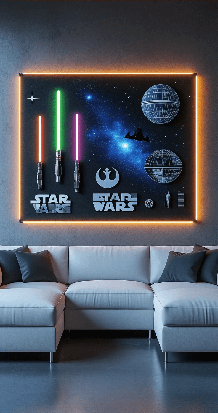 Fandom-Themed Bulletin Boards: Transform Your Space into a Pop Culture Paradise Medium shot of a Star Wars themed bulletin board featuring character silhouettes and a Death Star cutout, with warm LED ambient lighting creating a galaxy glow effect in a contemporary living room setting.