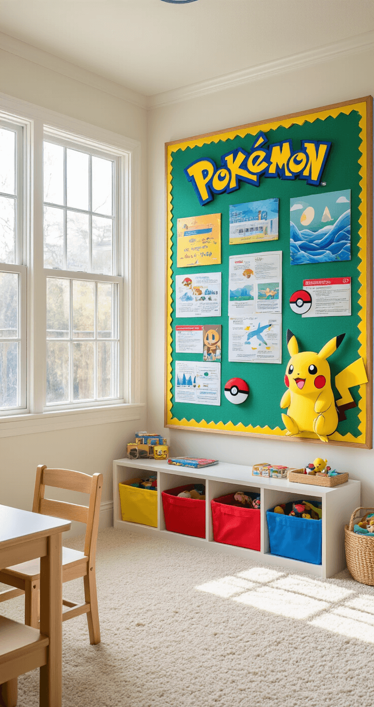 Fandom-Themed Bulletin Boards: Transform Your Space into a Pop Culture Paradise Bright and vibrant Pokémon-themed bulletin board in a child's playroom, illuminated by morning sunlight from a large window; features electric colors, interactive elements like Pokéball pockets, and character cards, with a soft cream carpet and toy cubbies visible.