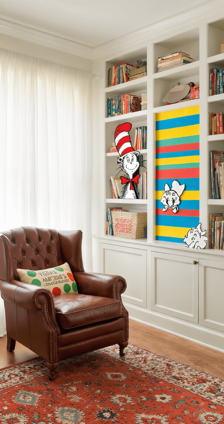 Fandom-Themed Bulletin Boards: Transform Your Space into a Pop Culture Paradise Cozy home library with a Dr. Seuss bulletin board featuring whimsical stripes and polka dots, surrounded by built-in white bookshelves, a vintage leather reading chair, and a Persian rug, all bathed in soft diffused lighting.