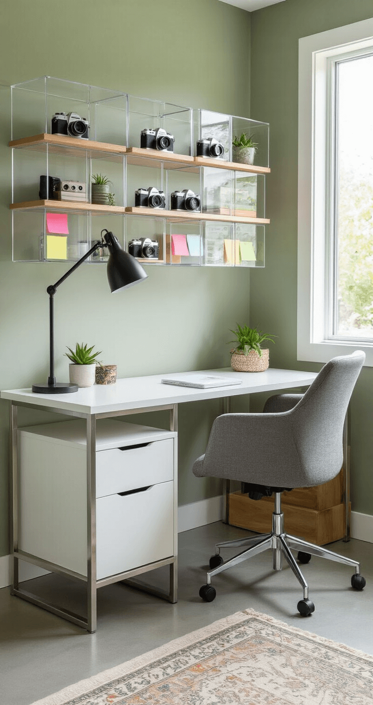 Display Cubes: The Ultimate Versatile Decor Solution for Modern Spaces Contemporary home office corner featuring a sleek white desk with brushed steel legs, an ergonomic gray chair, and a wall-mounted display of vintage cameras and air plants against sage green walls, complemented by light oak shelving, a matte black desk lamp, polished concrete floors, and a small Persian rug, all illuminated by soft morning light.