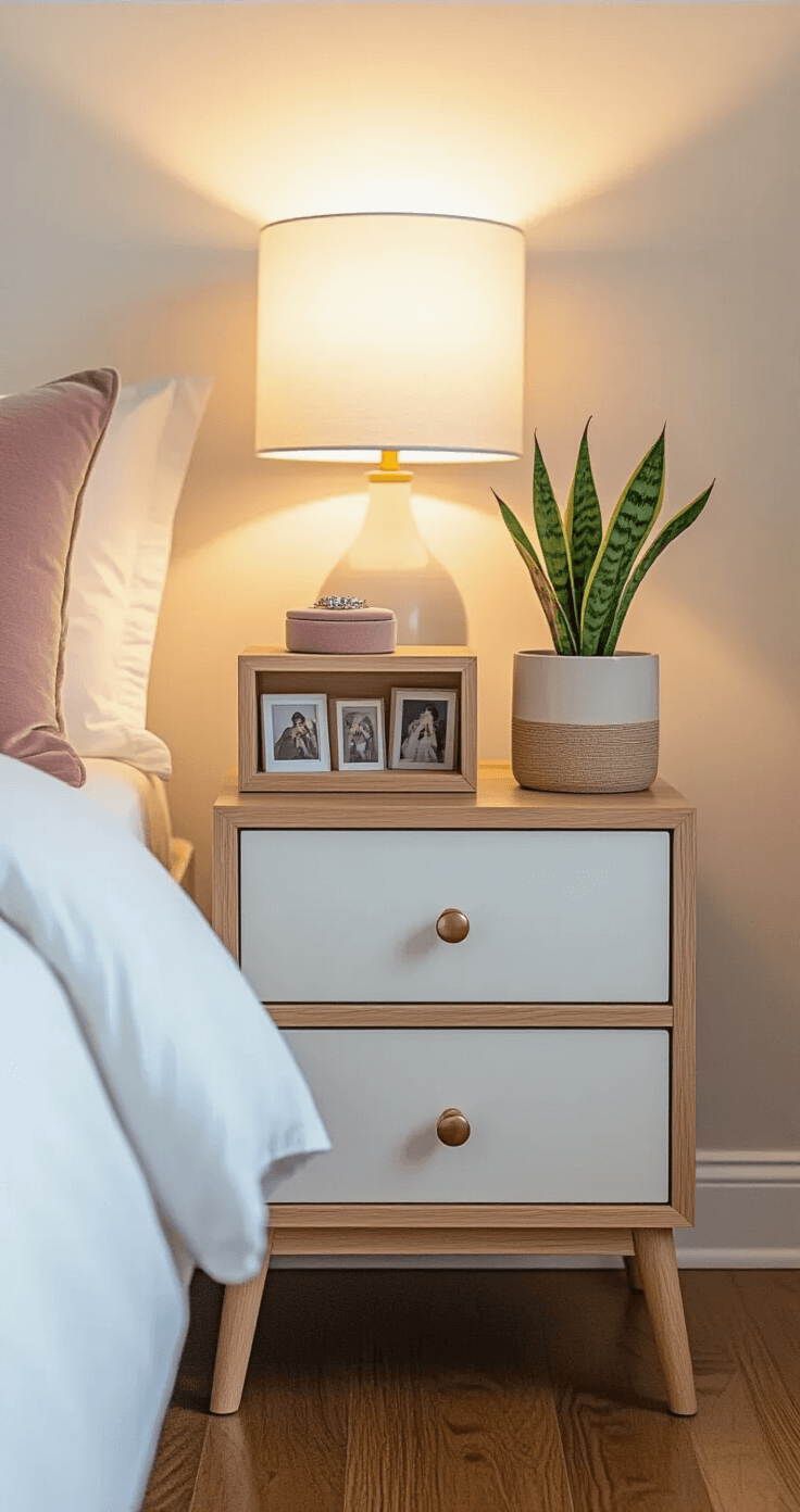 Display Cubes: The Ultimate Versatile Decor Solution for Modern Spaces Cozy bedroom nightstand vignette featuring a warm bedside lamp glow, a stack of three natural oak display cubes on a white lacquer nightstand, delicate jewelry on velvet, a memory box with vintage photos, and a small potted snake plant, all set against a backdrop of crisp white bedding and dusty rose pillows.