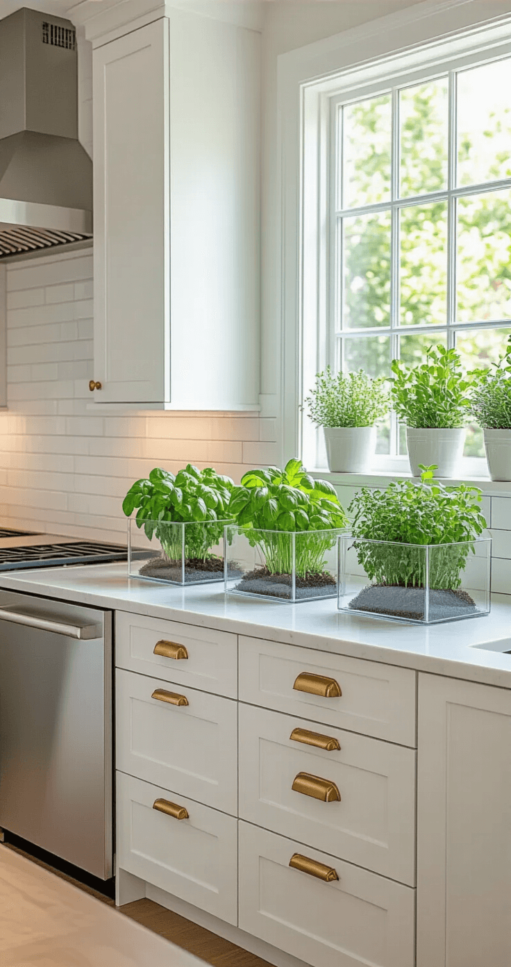 Display Cubes: The Ultimate Versatile Decor Solution for Modern Spaces A modern kitchen featuring a 10-foot galley counter with a quartz countertop, displaying clear glass cubes of fresh herbs (basil, mint, thyme) near a garden window, complemented by a subway tile backsplash, stainless steel appliances, white shaker cabinets with brass hardware, light wood floors, and potted plants on the windowsill, all bathed in afternoon natural light.